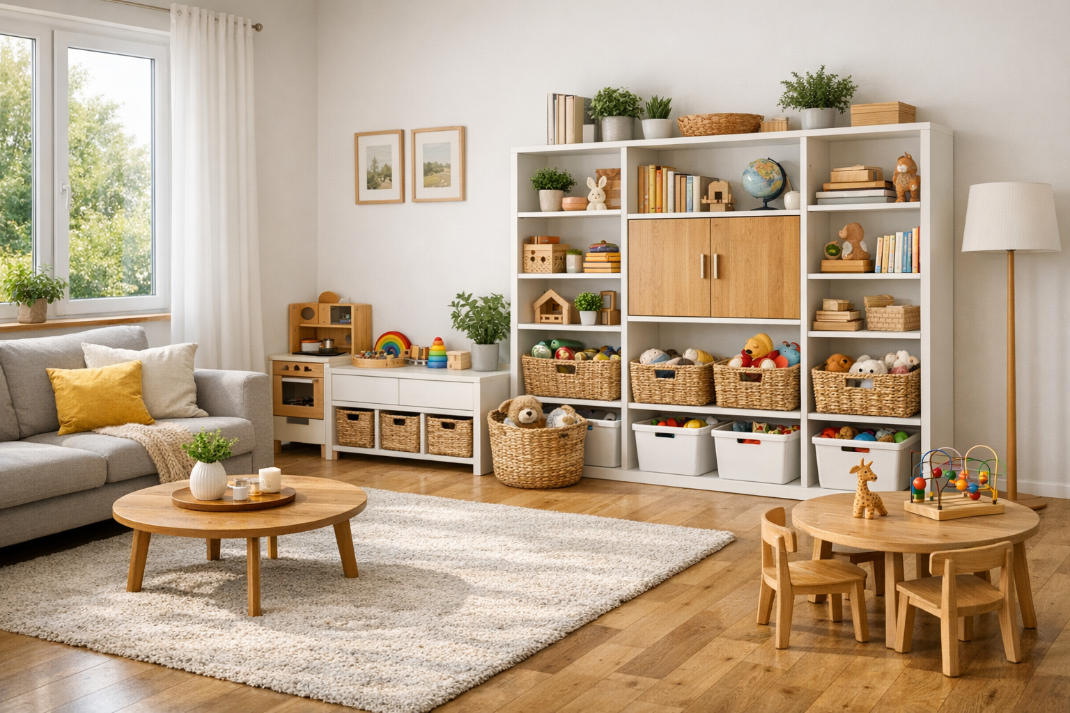 Familie räumt gemeinsam das Wohnzimmer auf